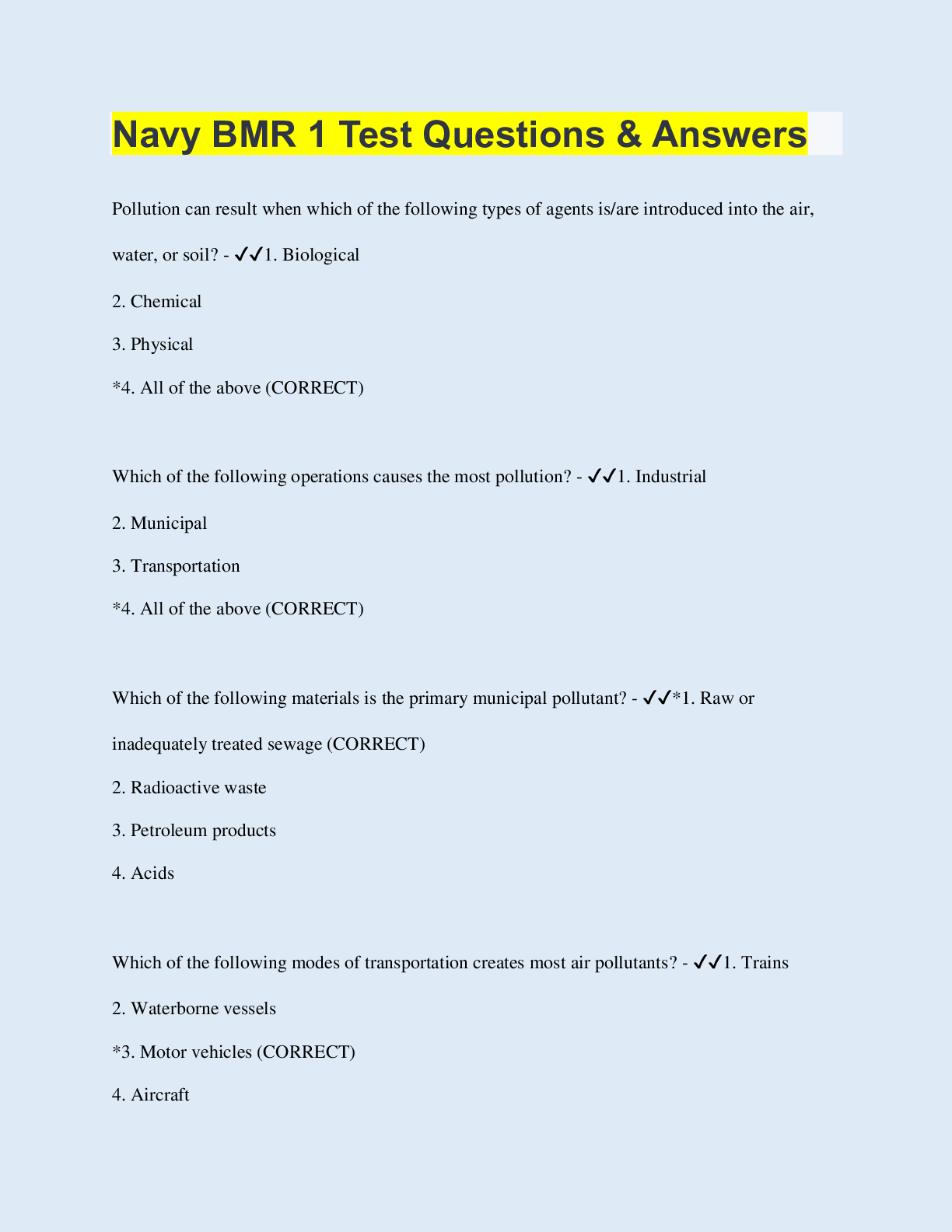 Preview image of Navy BMR 1 Test Questions & Answers document